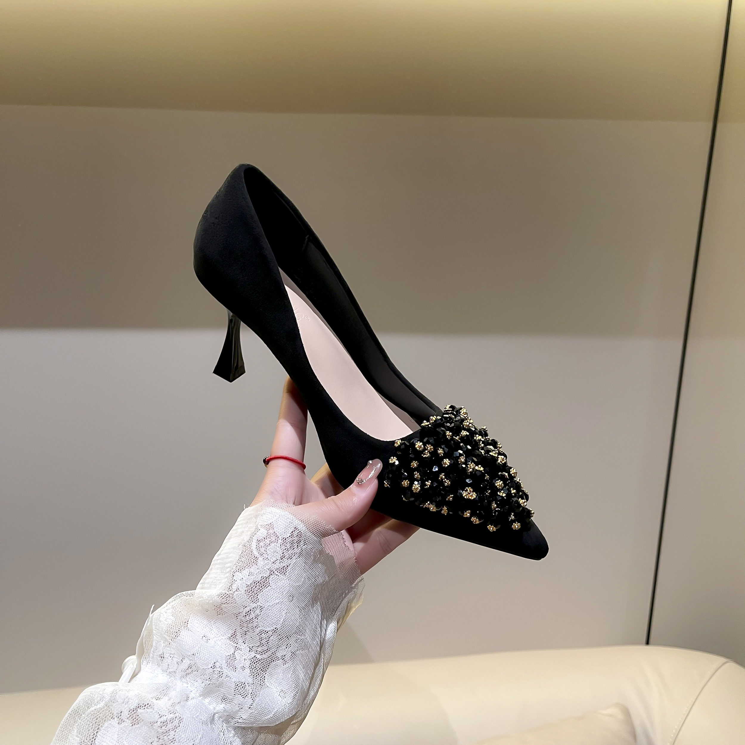 浅口高跟鞋尖头细跟气质中跟黑色职业工作鞋百搭单鞋久穿不累女鞋