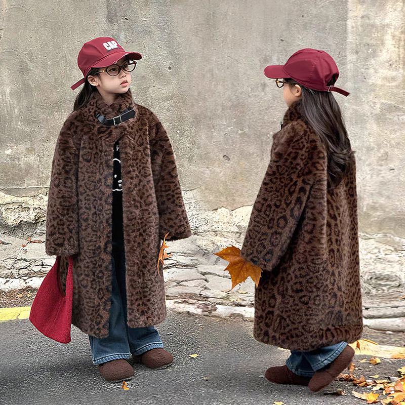 2025冬季新款儿童豹纹仿皮草外套男女童中大童加厚中长款毛毛大衣