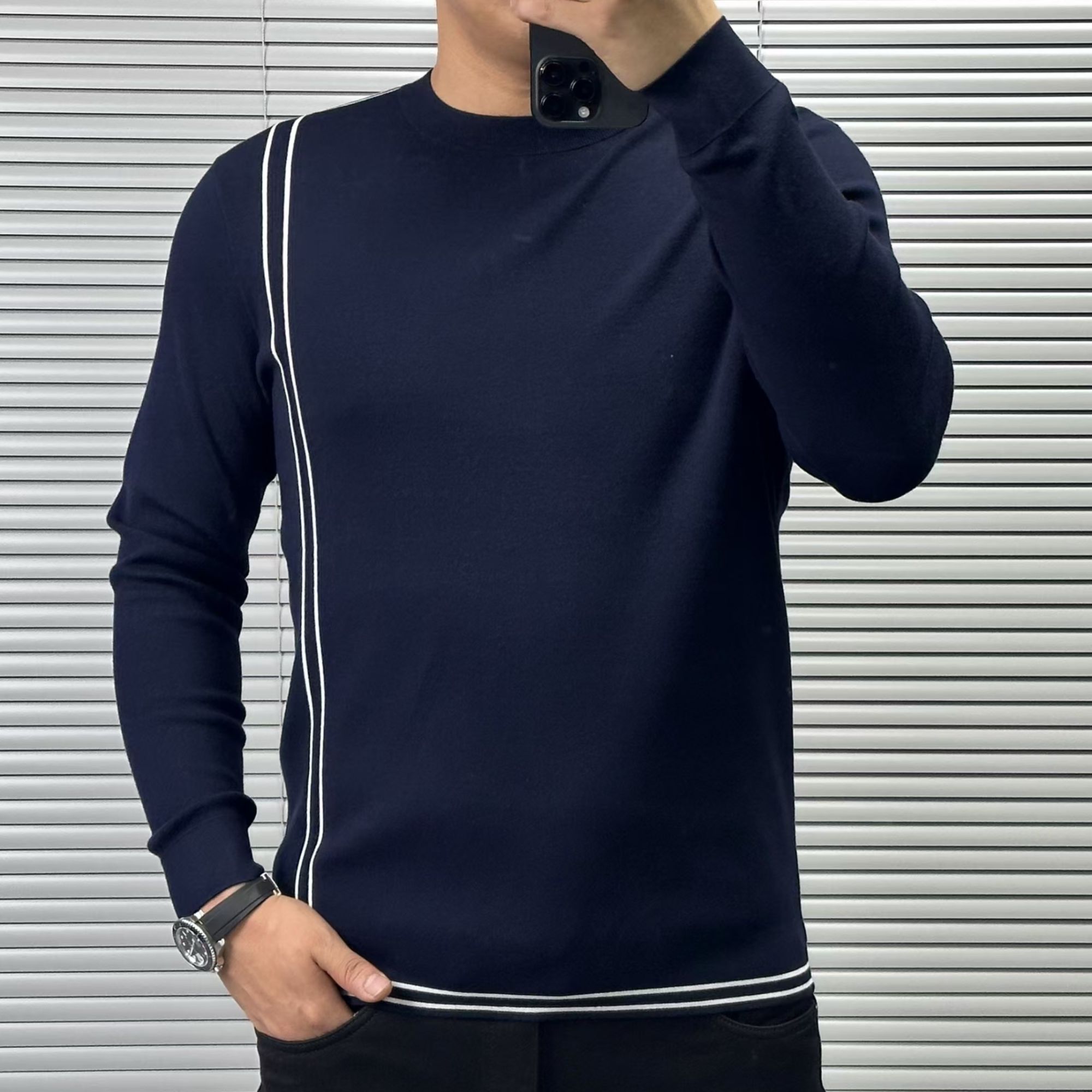 【巴尔赫】2025轻奢高品质男士撞色条纹针织长袖上衣8915