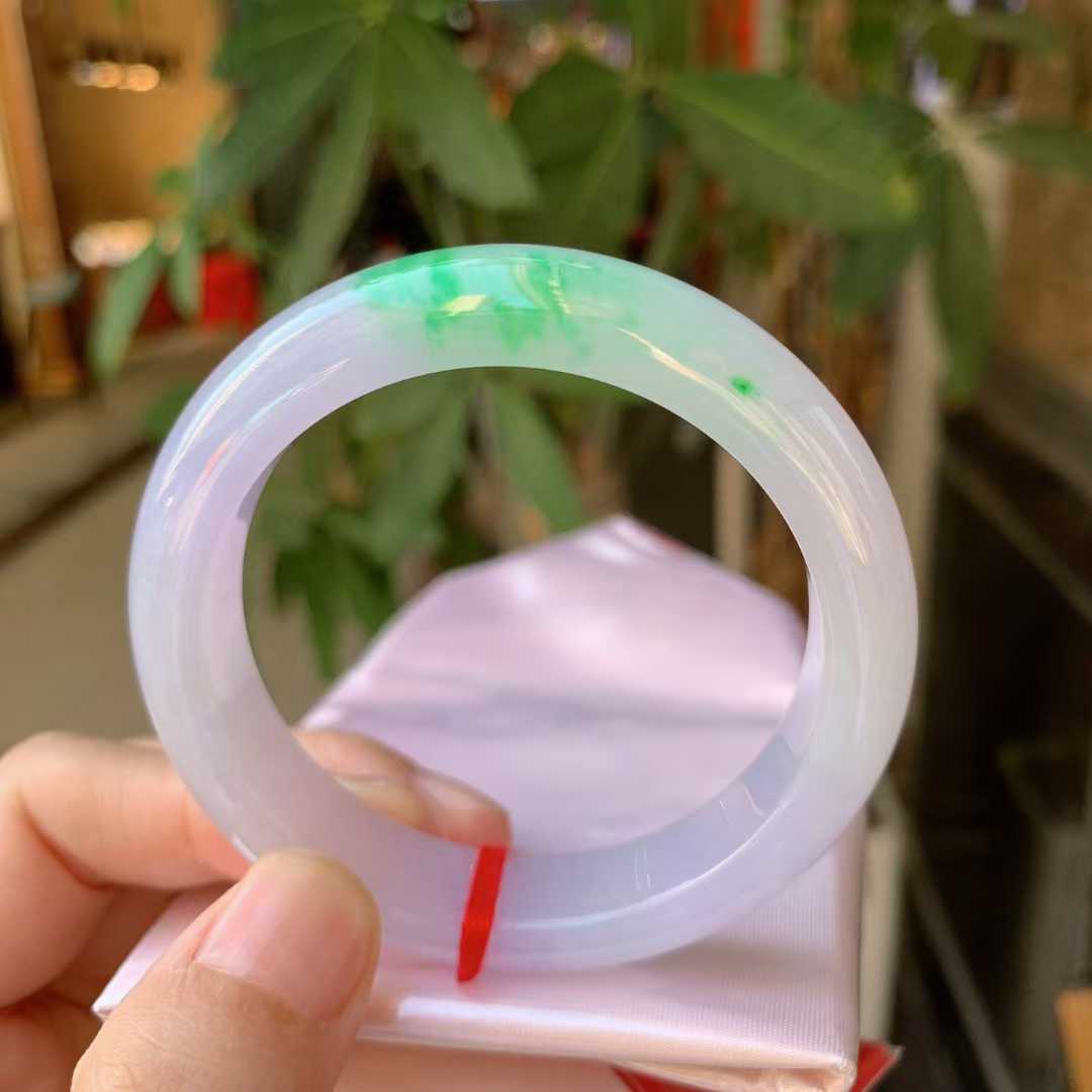 缅甸天然翡翠A货冰种春带彩手镯宽版小圈口女生款53mm紫色玉手镯