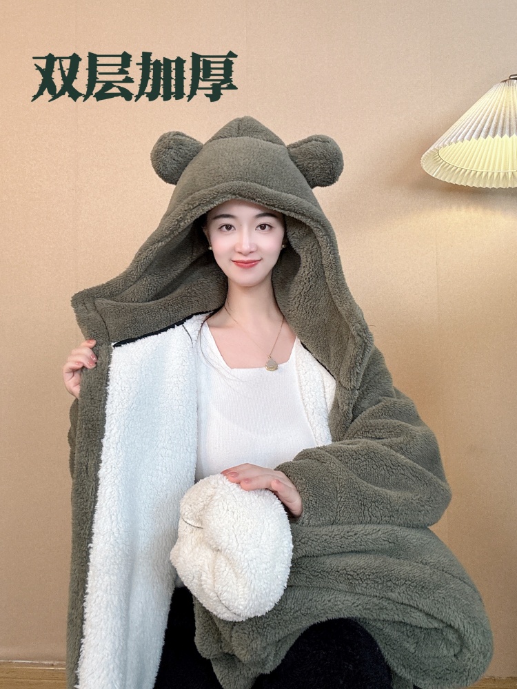 灰绿色深冬双层连帽中长款加绒加厚保暖家居服睡衣睡袍情侣款大码
