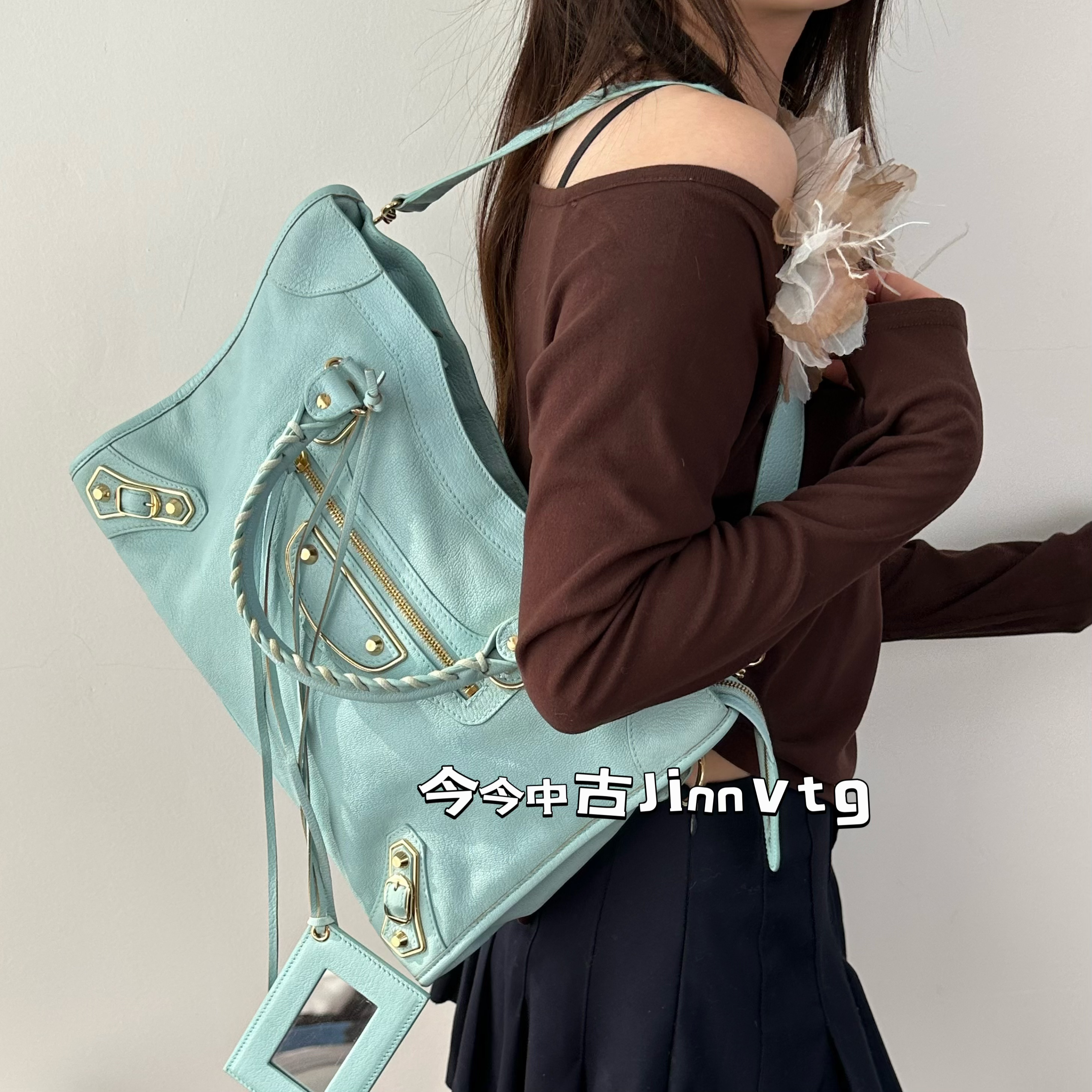 95新 Balenciaga/巴黎世家 中号山羊皮38机车单肩包