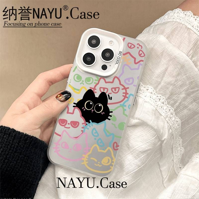 彩线小黑猫彩银壳适用于iPhone苹果16手机壳iPhone华为oppo小米vi