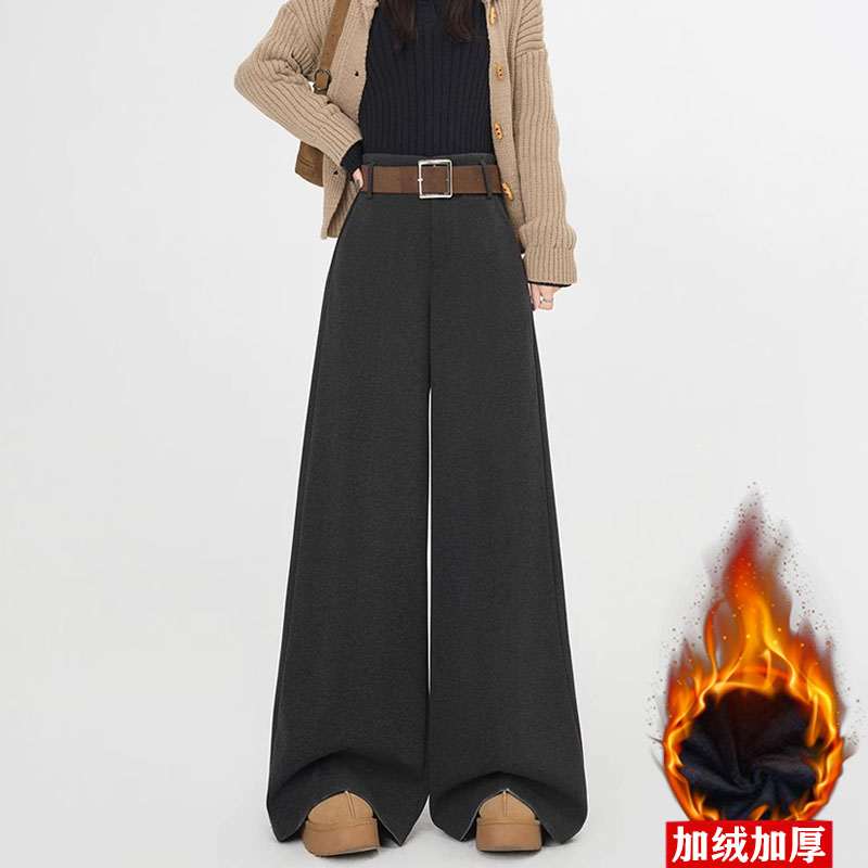 【送腰带】高级感加绒毛呢阔腿裤女秋冬新款高腰显瘦百搭休闲拖地裤