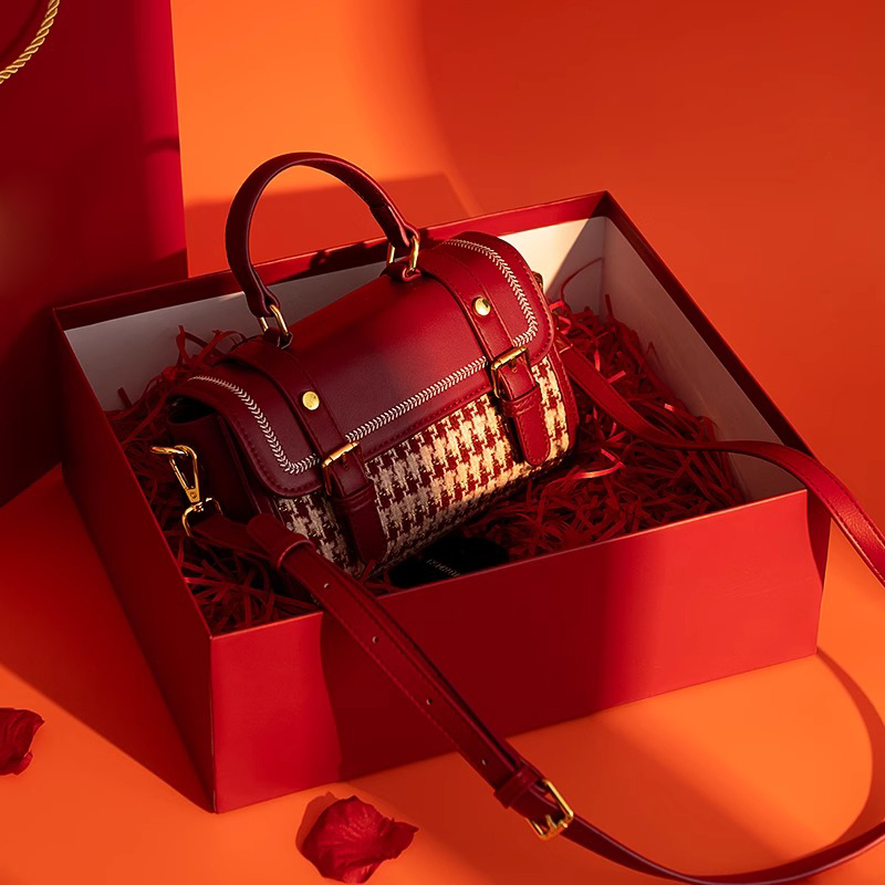 红色千鸟格剑桥包女结婚包包新娘包斜挎包手提小包送女友新年礼物