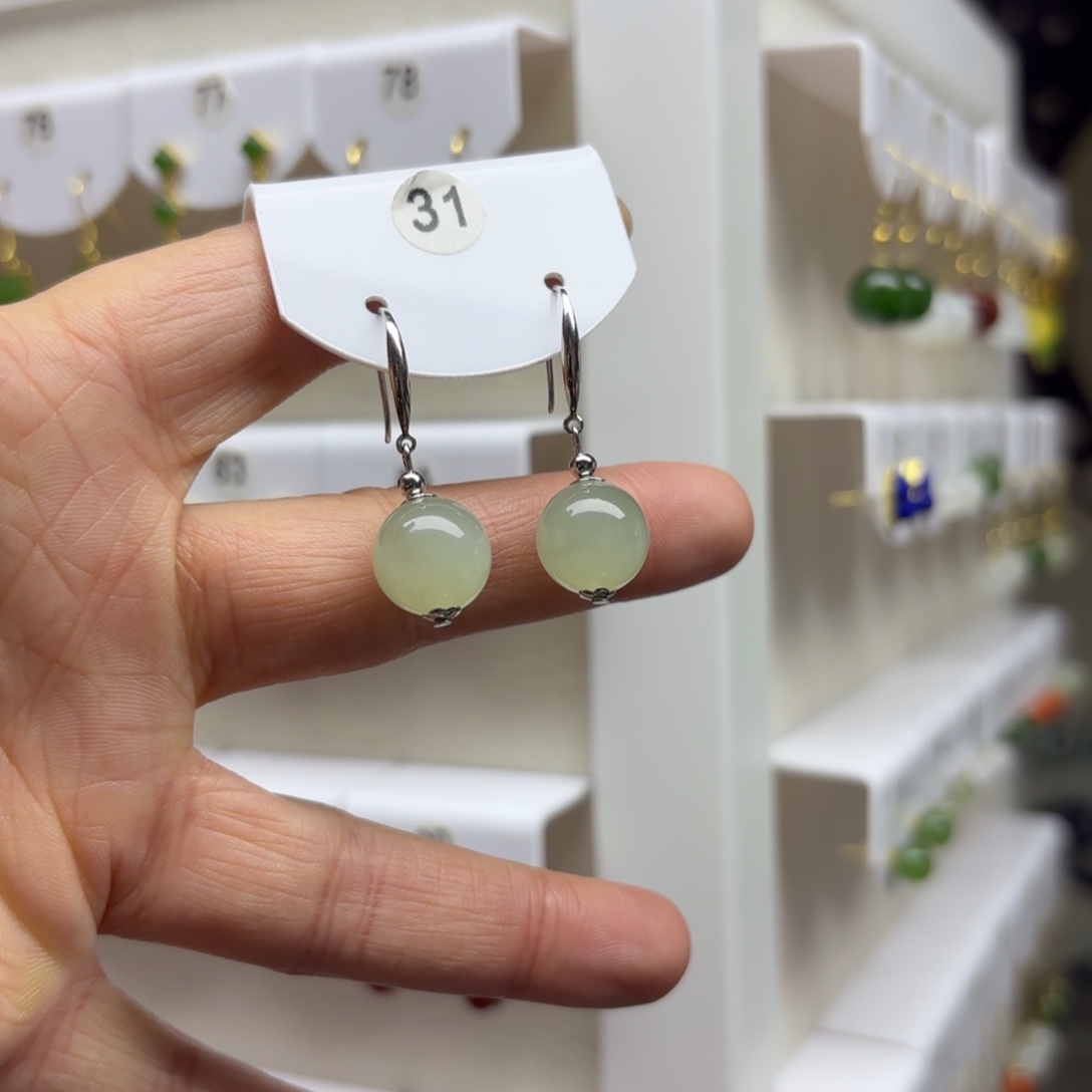 和田玉银S925镶嵌耳饰