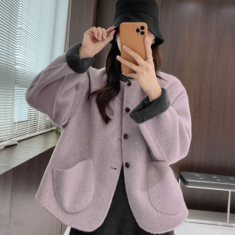 韩系风圆领小短款2025秋冬新款洋气时尚小个子双面羊毛大衣外套