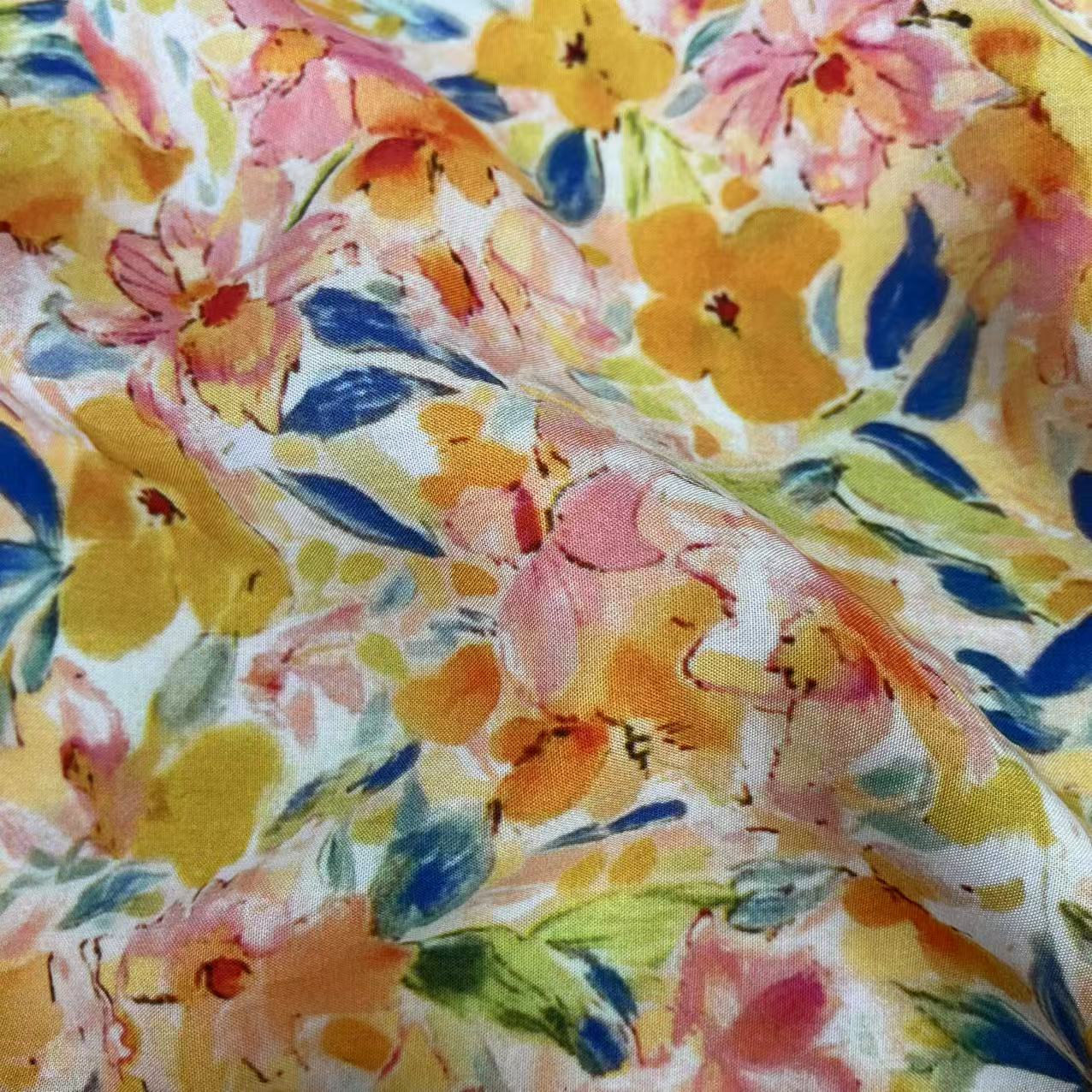 【绒兰】加宽1.6米细纱数码印花棉绸面料 237号 蓝叶黄花