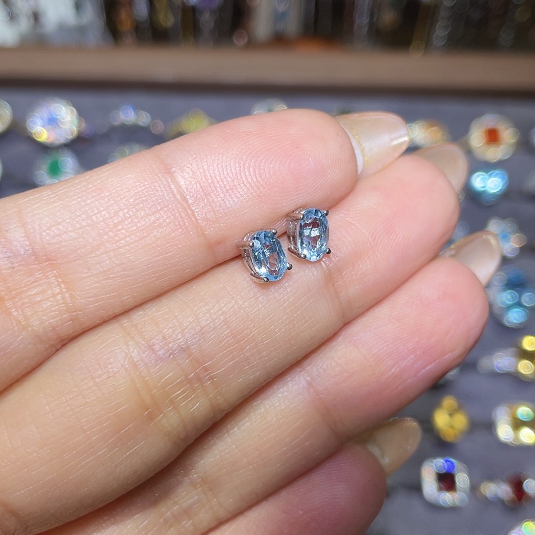 海蓝宝石耳饰银S925镶嵌3¥4