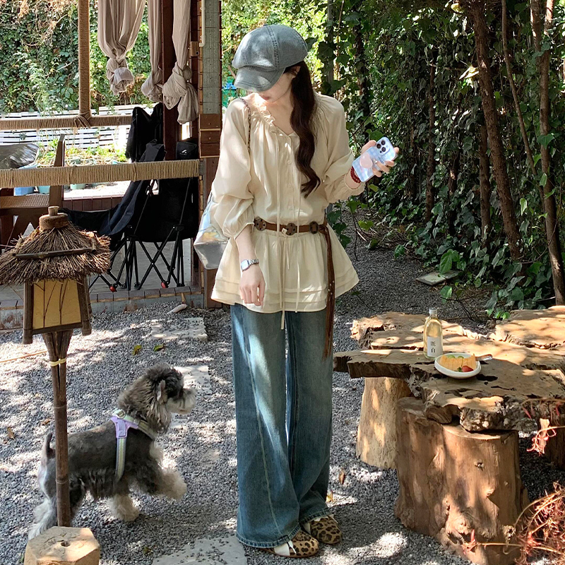 【现货+运补】甜美木耳边抽绳灯笼袖衬衫中长款宽松复古上衣2484