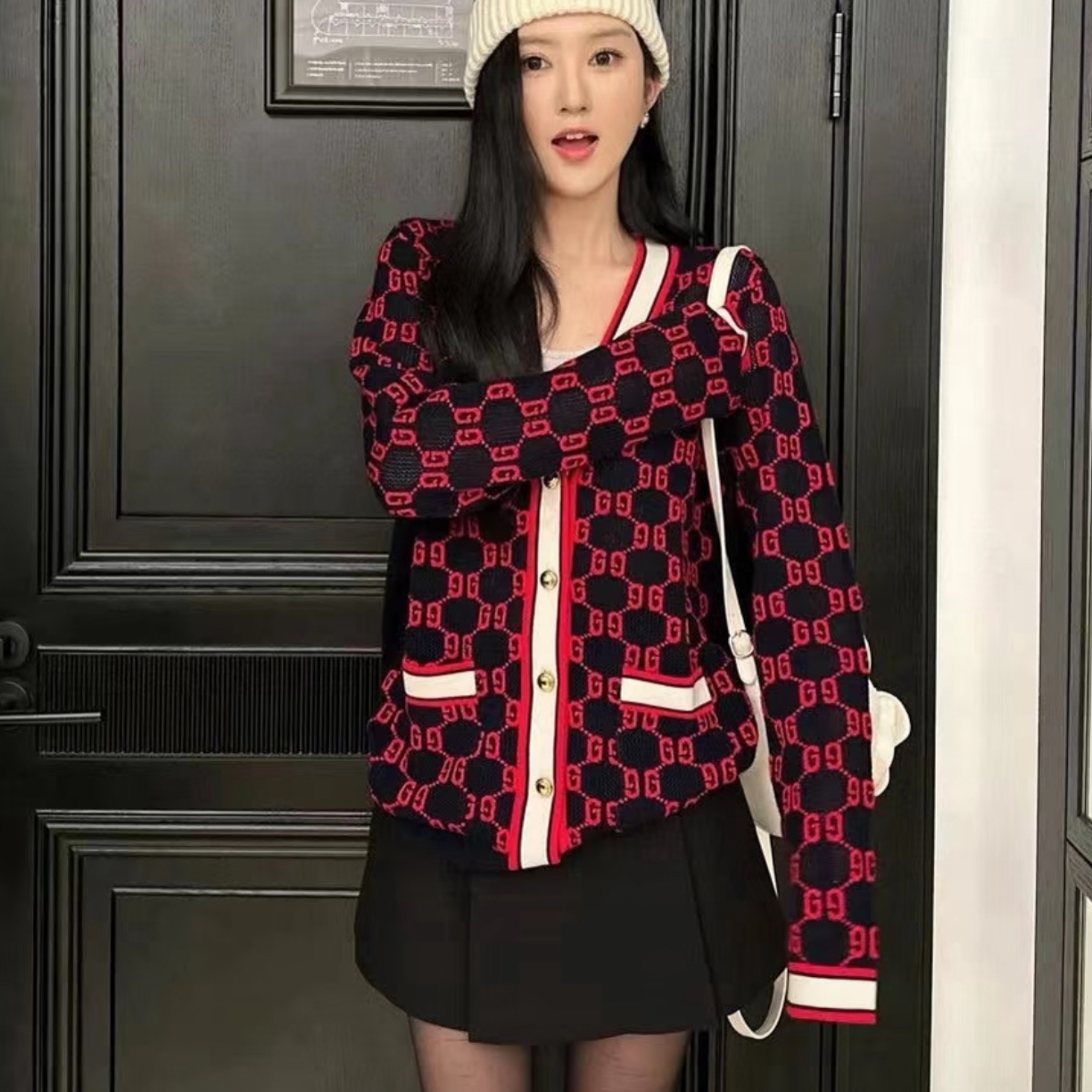 95新 GUCCI/古驰 dd0077 羊毛 双G满印羊毛针织开衫 xs码 