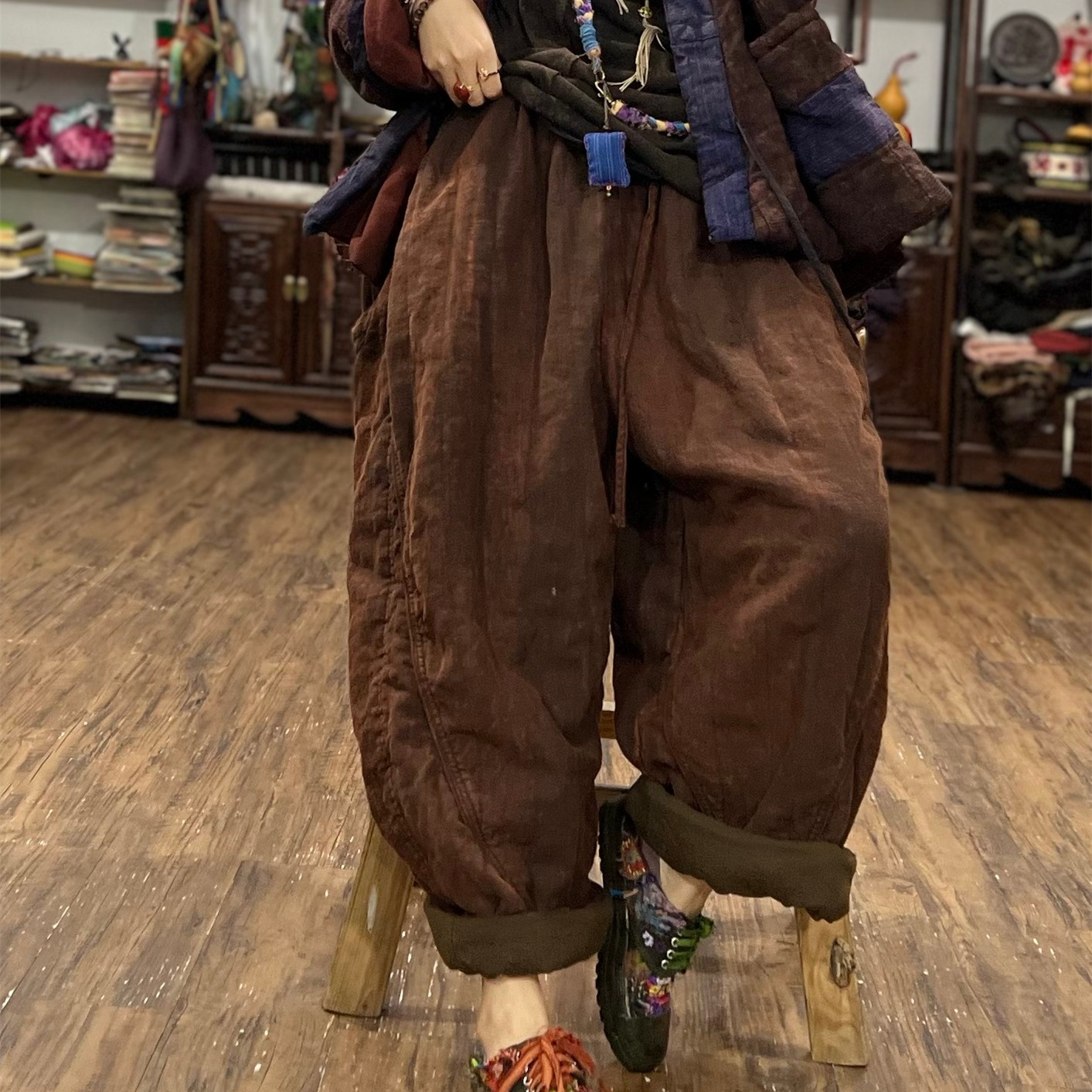 SX复古亚麻拼接炒色砂洗精包设计夹棉阔腿棉裤冬季新款重工艺长裤