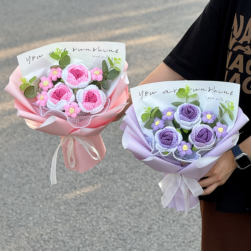 手工针织毛线仿真花编织玫瑰花束成品女友闺蜜妈妈七夕节生日礼物