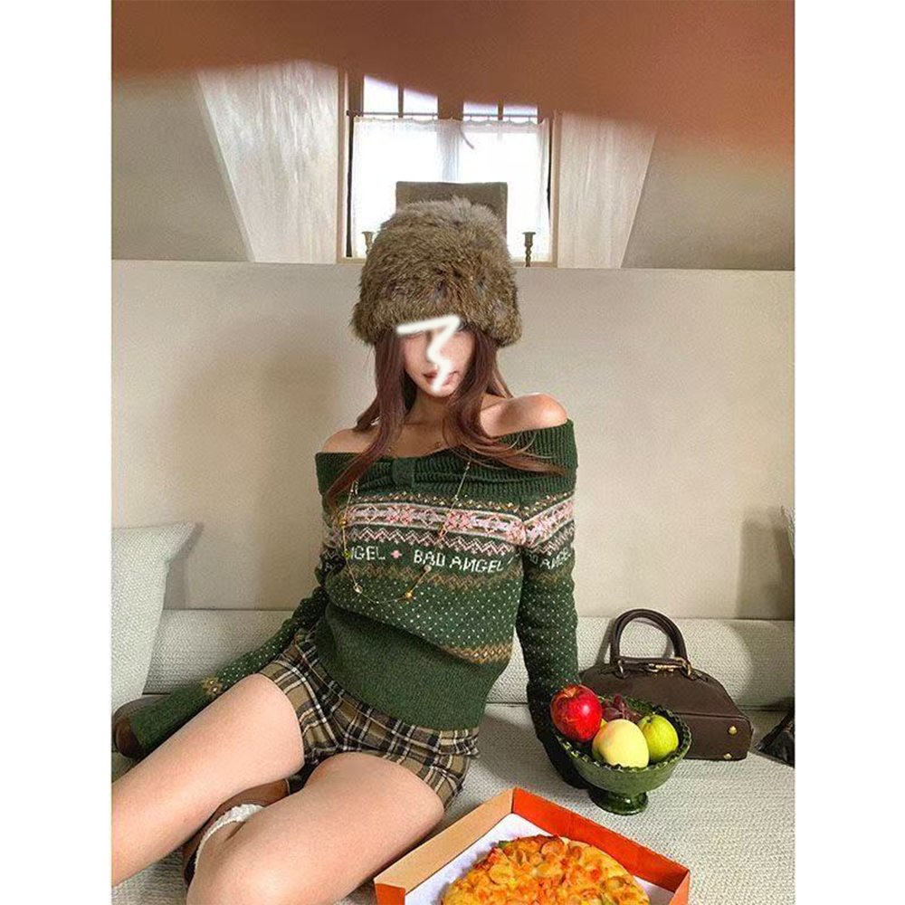 【美式费尔岛】6-8运补一字肩圣诞毛衣女秋冬修身显瘦针织衫上衣