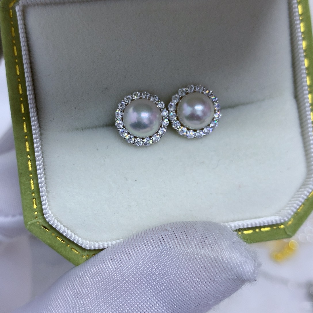 耳饰银S925镶嵌海水珍珠7-8