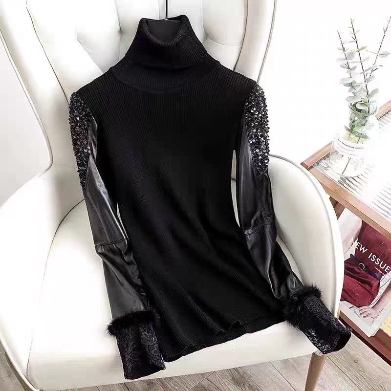 2024年新款春秋冬加绒打底衫水貂毛袖口