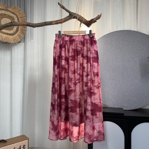 7030春夏高腰绑带显瘦中长款扎染优雅气质A字半身裙