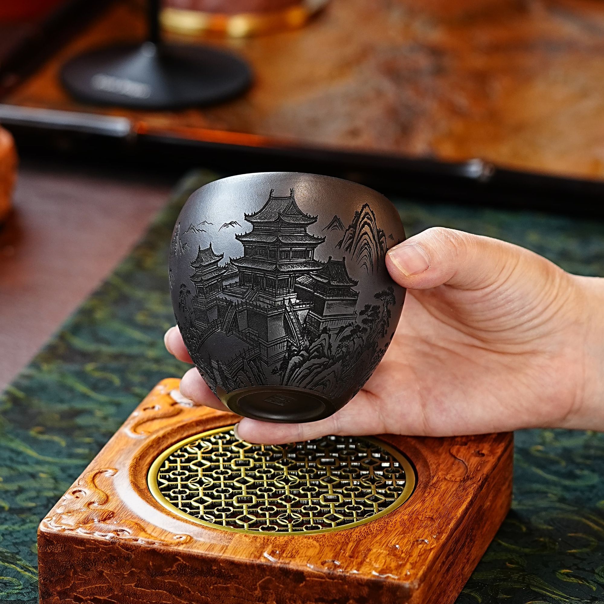 宜兴正宗紫砂纯料石黄岳阳楼记龙蛋杯茶具茶杯紫砂杯主人杯纯手工