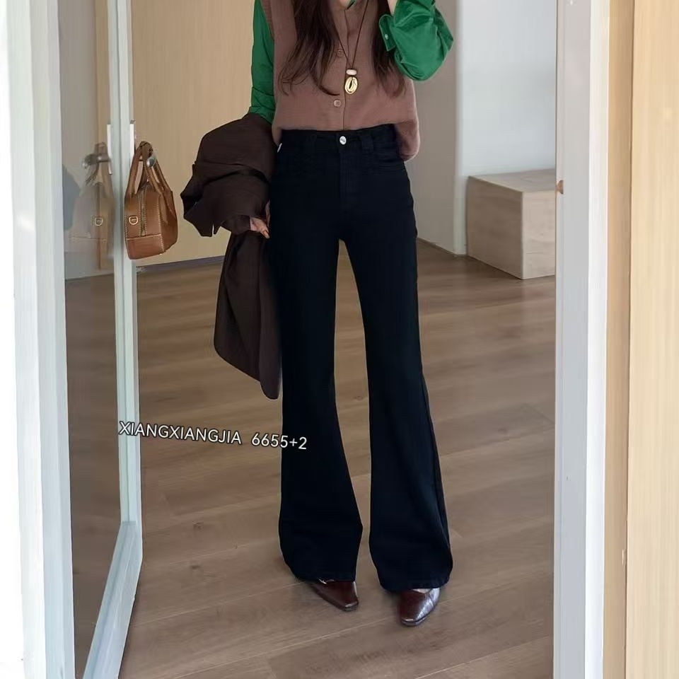 加绒加厚高腰宽松显瘦黑色微喇牛仔裤女款爆款不贴腿喇叭裤