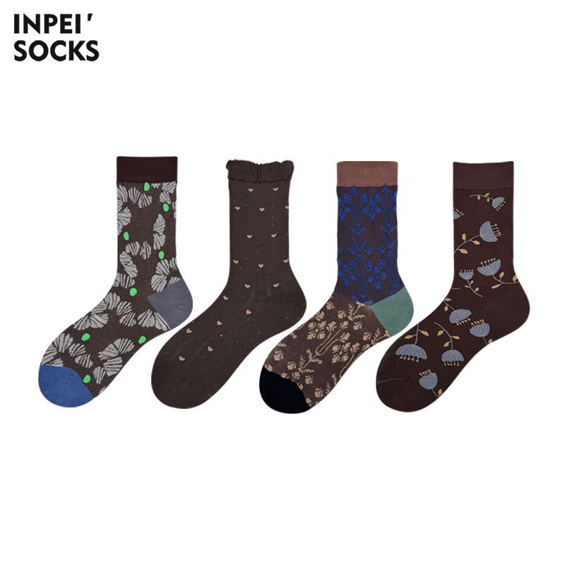 2025秋冬季文艺范咖色系复古中筒袜女士棉袜长筒袜女立体浮雕外穿