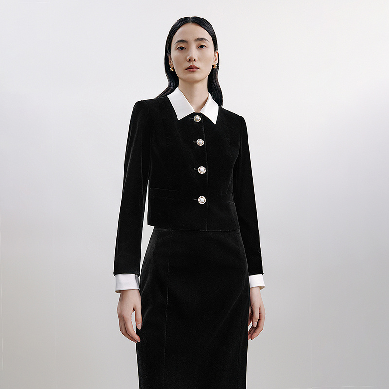 【商场同款】】朗姿/LANCY 2024秋季新品钻石丝绒奢雅外套女翻领典雅