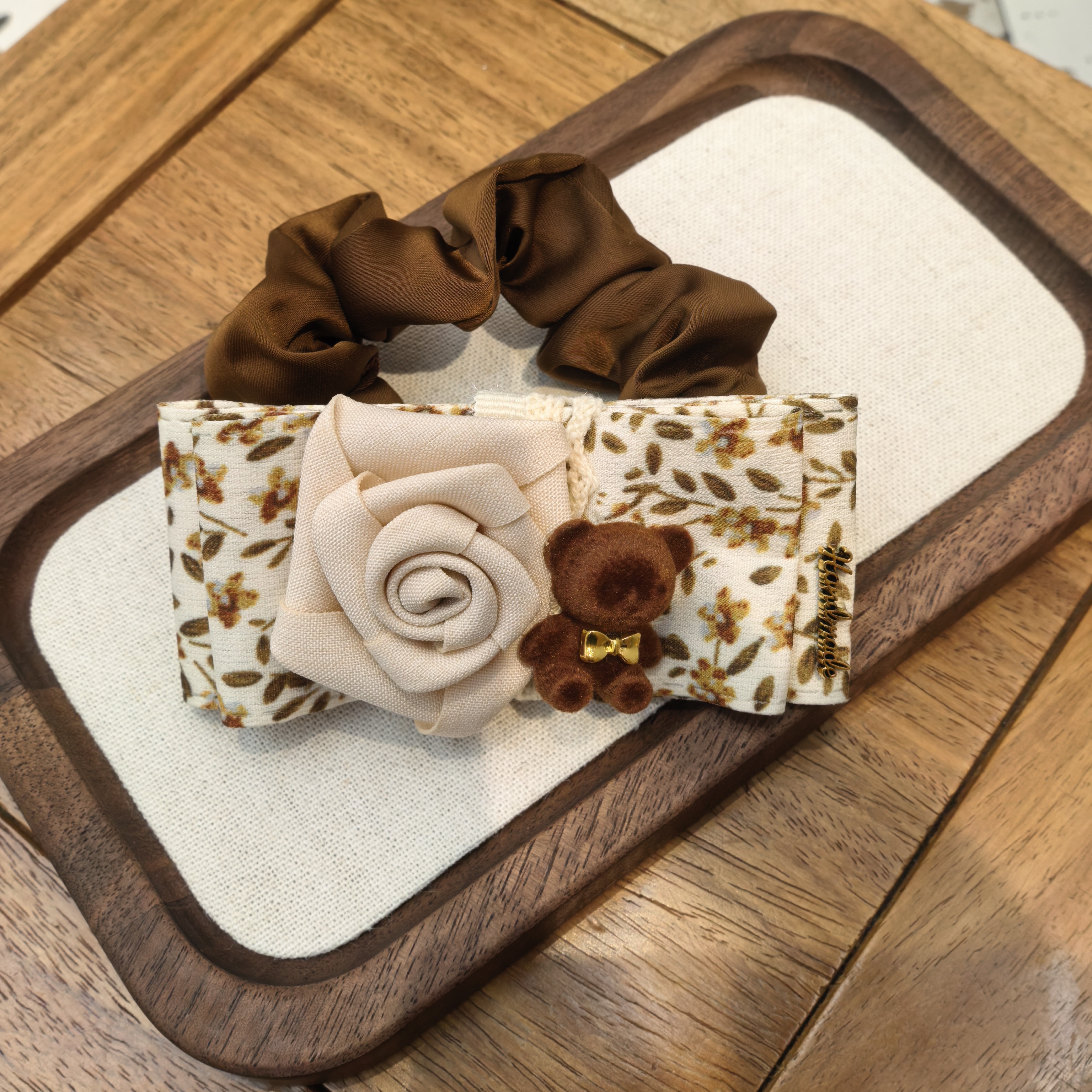 F625咖色小熊碎花蝴蝶结玫瑰花肠圈