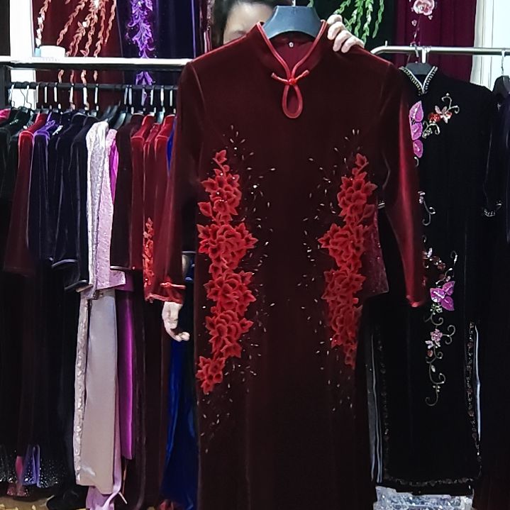 酒红色金丝绒刺绣手工穿珠长款改良旗袍鱼尾裙3XL120-130内