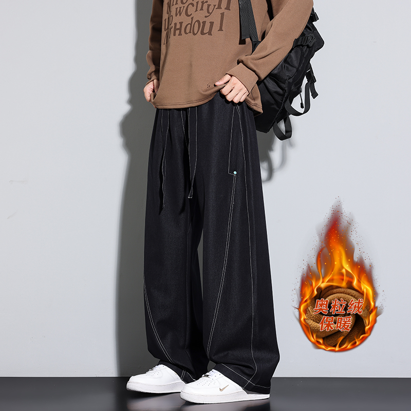 科技三防阳离子加绒加厚男宽松显瘦休闲阔腿裤加肥加大弯刀牛仔裤