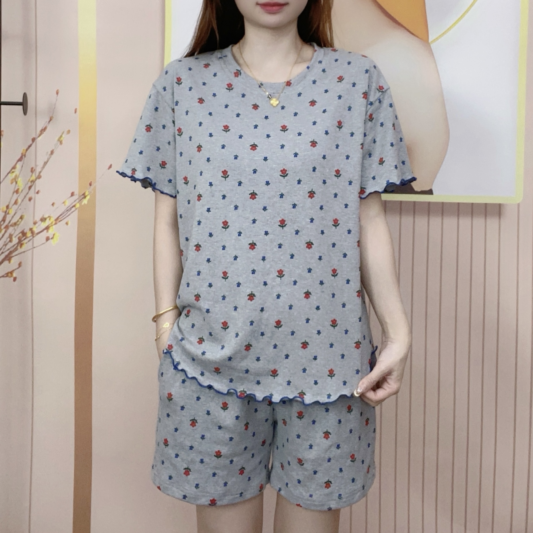 夏季带胸垫短袖短裤韩版碎花时尚家居服外穿夏天睡衣女套装女士