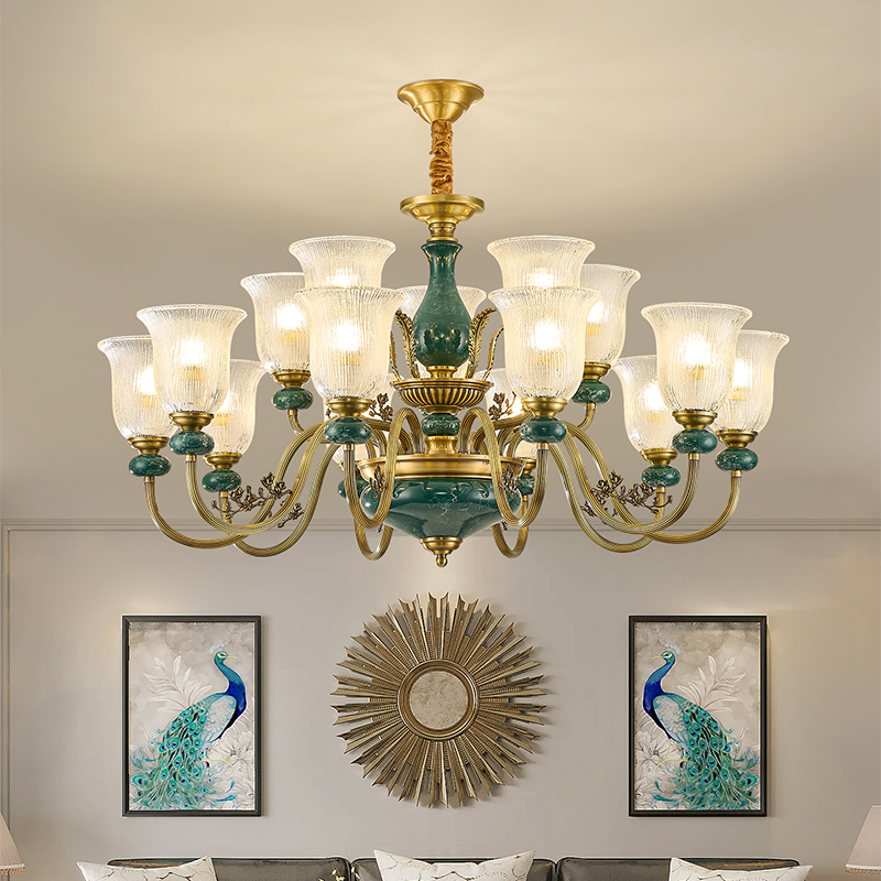 美式复古别墅客厅全铜吊灯欧式卧室房间陶瓷吊灯法式大厅餐厅灯具