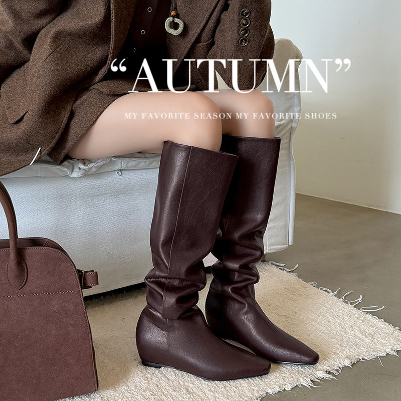 （叁熹）全真皮内增高尖头百搭时尚靴子显腿显瘦长筒骑士骑士厚底