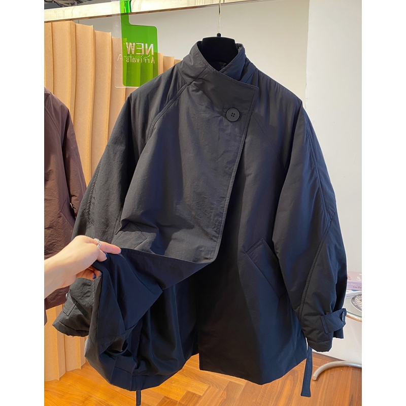7390韩国时尚设计感一粒扣立领风衣棉服女冬季宽松中长款棉衣外套