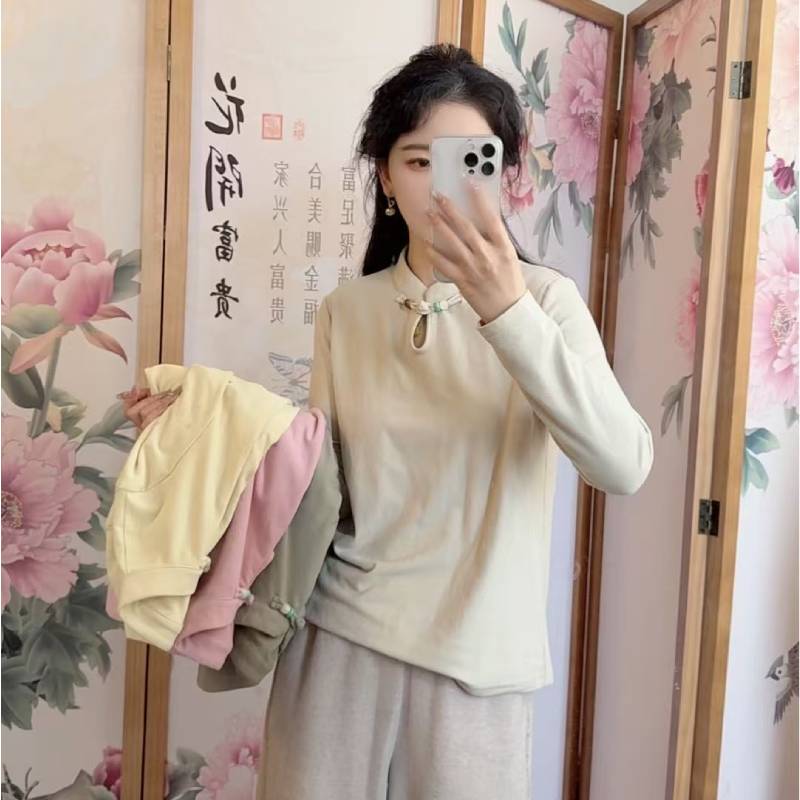 2309 国风中式立领盘扣打底衫女2025秋冬新款时尚百搭长袖上衣