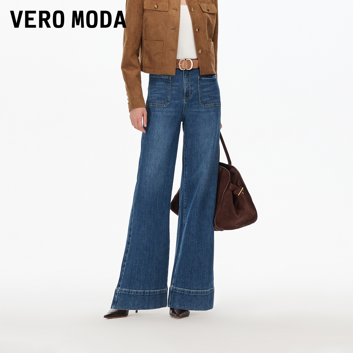 Vero Moda牛仔裤2025秋季新款含棉高腰假口袋阔腿裤复古325332056
