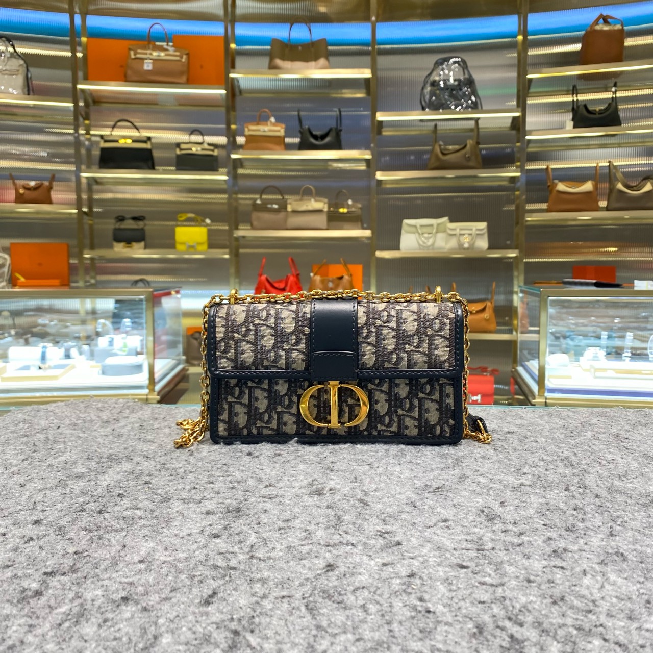 99新 DIOR/迪奥 蒙田30 小号 oblique 蓝色印花单肩斜挎包