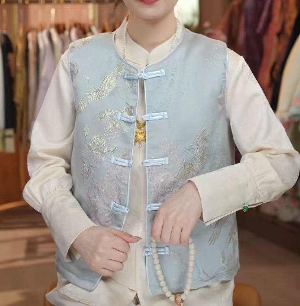 圆领盘扣加棉无袖百搭上衣中式复古马甲2024D6551-瑶瑶