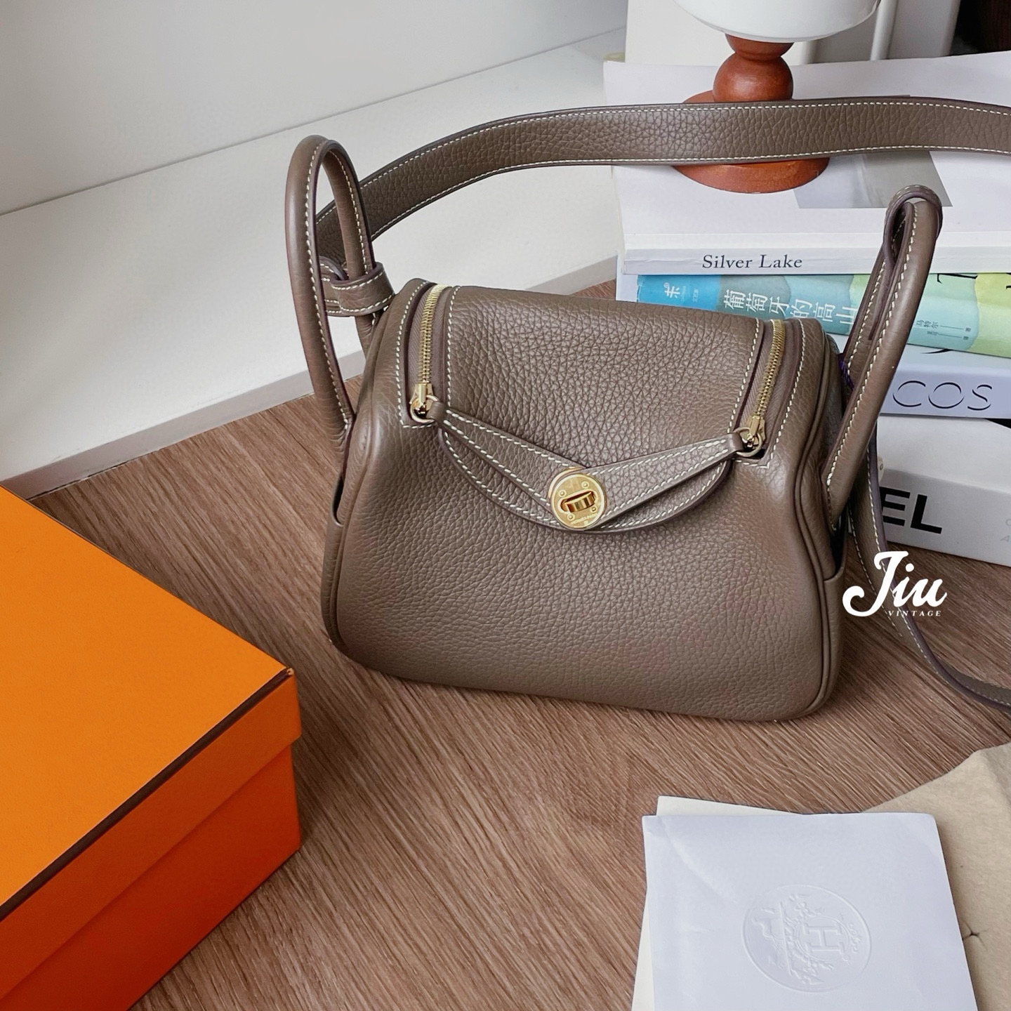 99新 Hermes/爱马仕 大象灰金扣mini Lindy盒子票Y刻BJM12-1358