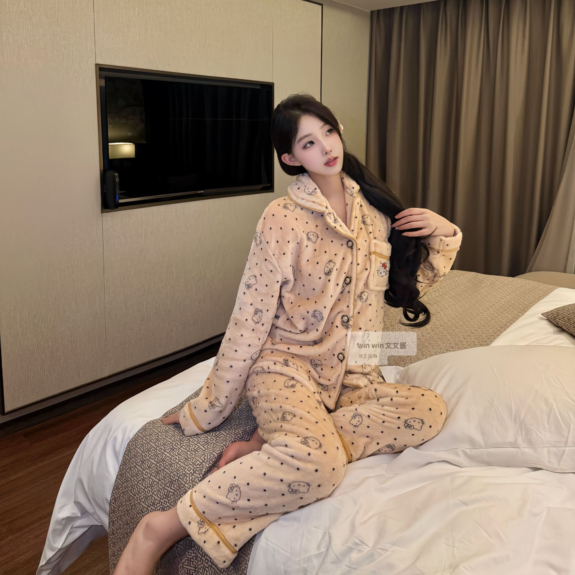 2025冬季睡衣女法兰绒长裤保暖套装韩版加厚甜美卡通小翻领家居服