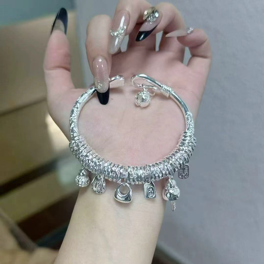 足银手镯 999.9新款吉言盘缠手镯女实心开口吉言【408】