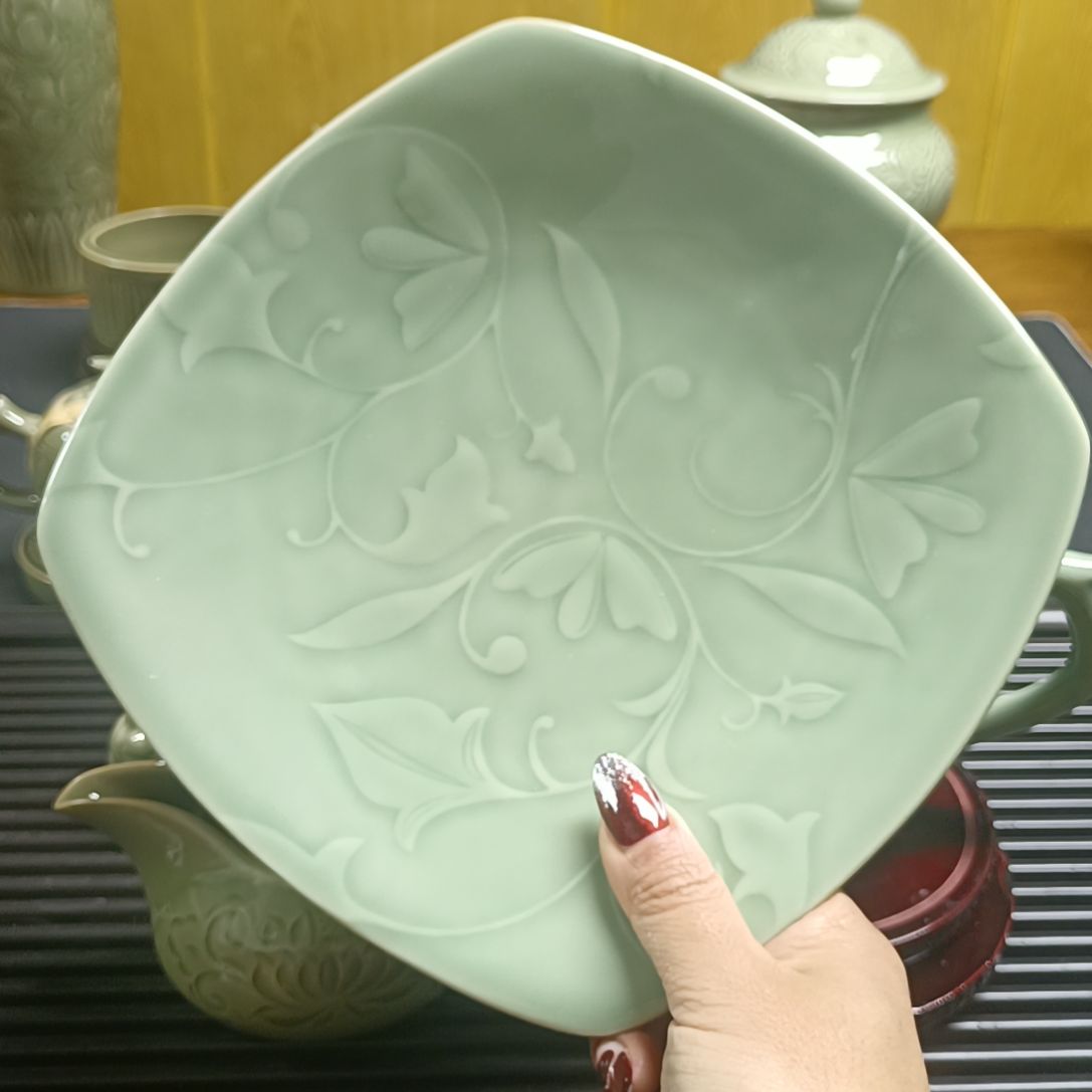 耀州窑青瓷玉兰方盘8寸1只
