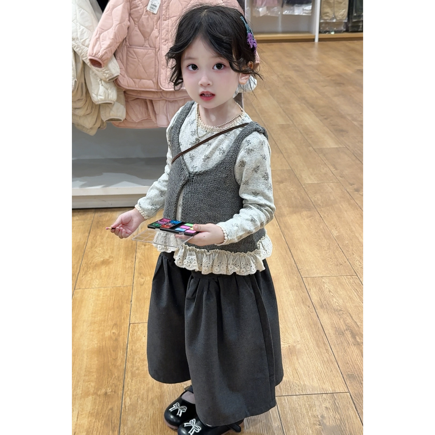 女童秋季套装2025新款宝宝洋气针织吊带衫碎花打底阔腿裤