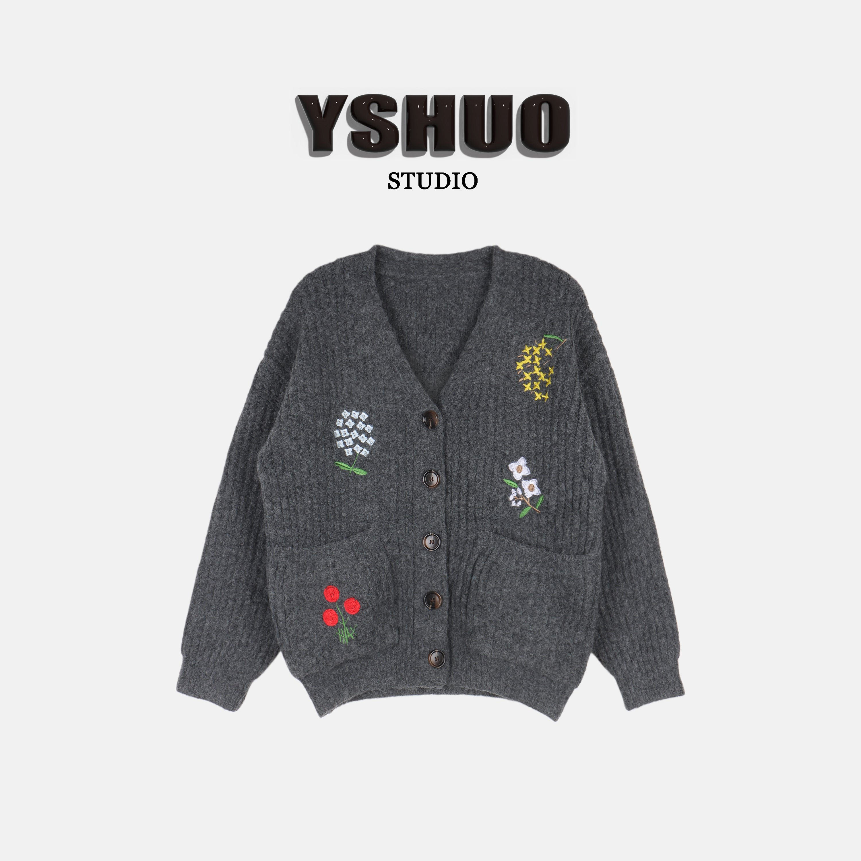 【红红推荐】V领刺绣小花单排扣开衫毛衣厚实保暖上衣 2955