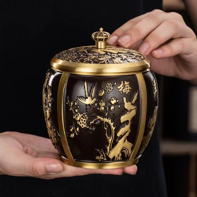 高档黄铜带盖储存罐茶叶罐茶罐密封罐金属密封梅兰竹菊茶盒