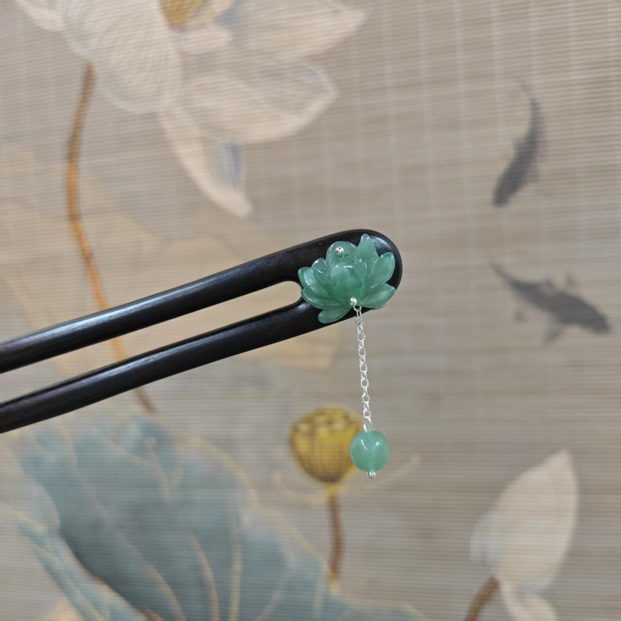 炑歌J496绿色莲花13公分双钗发簪手工头饰发饰中式国风簪子发簪