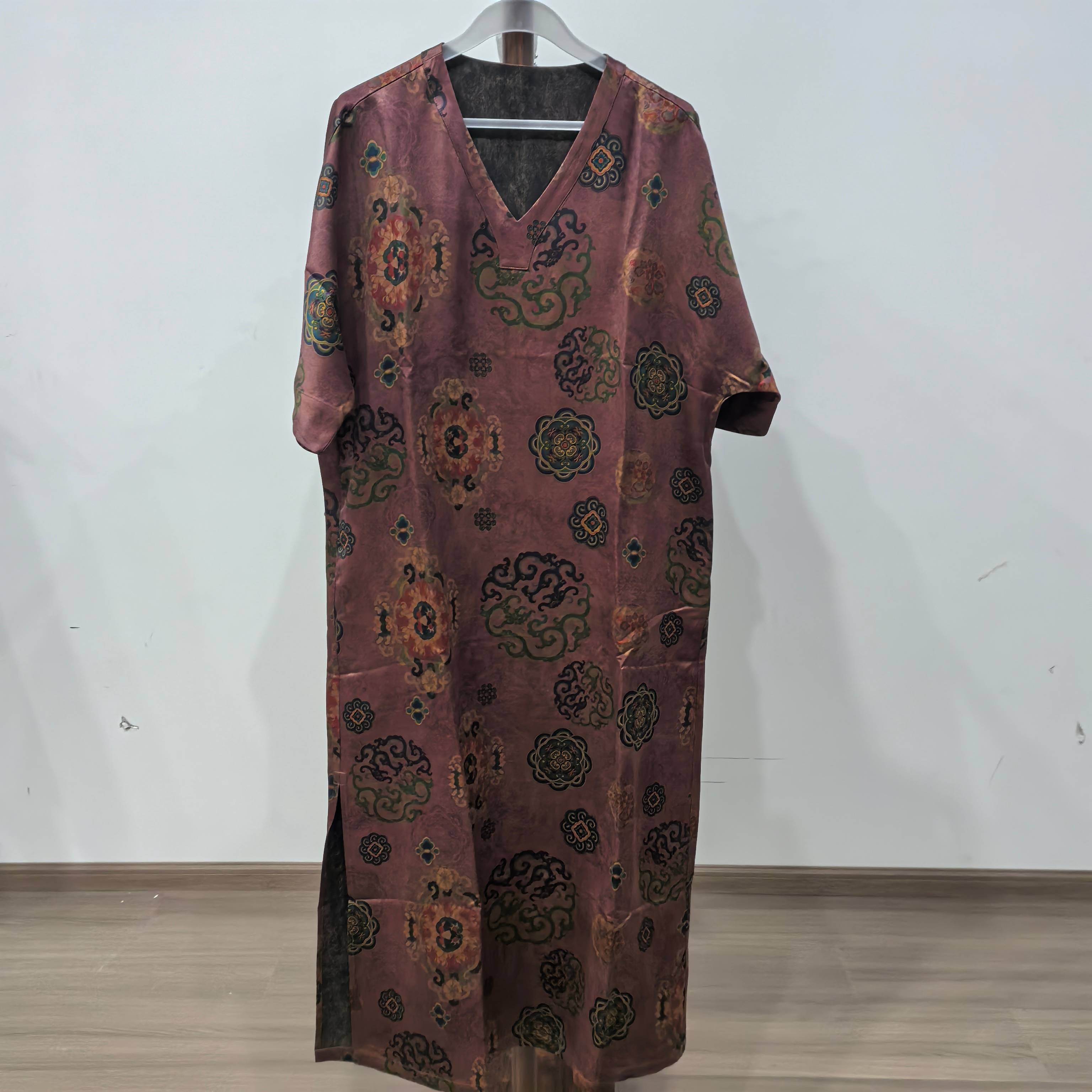 【QC575】香云纱长款百搭春夏提花新中式复古休闲连衣裙