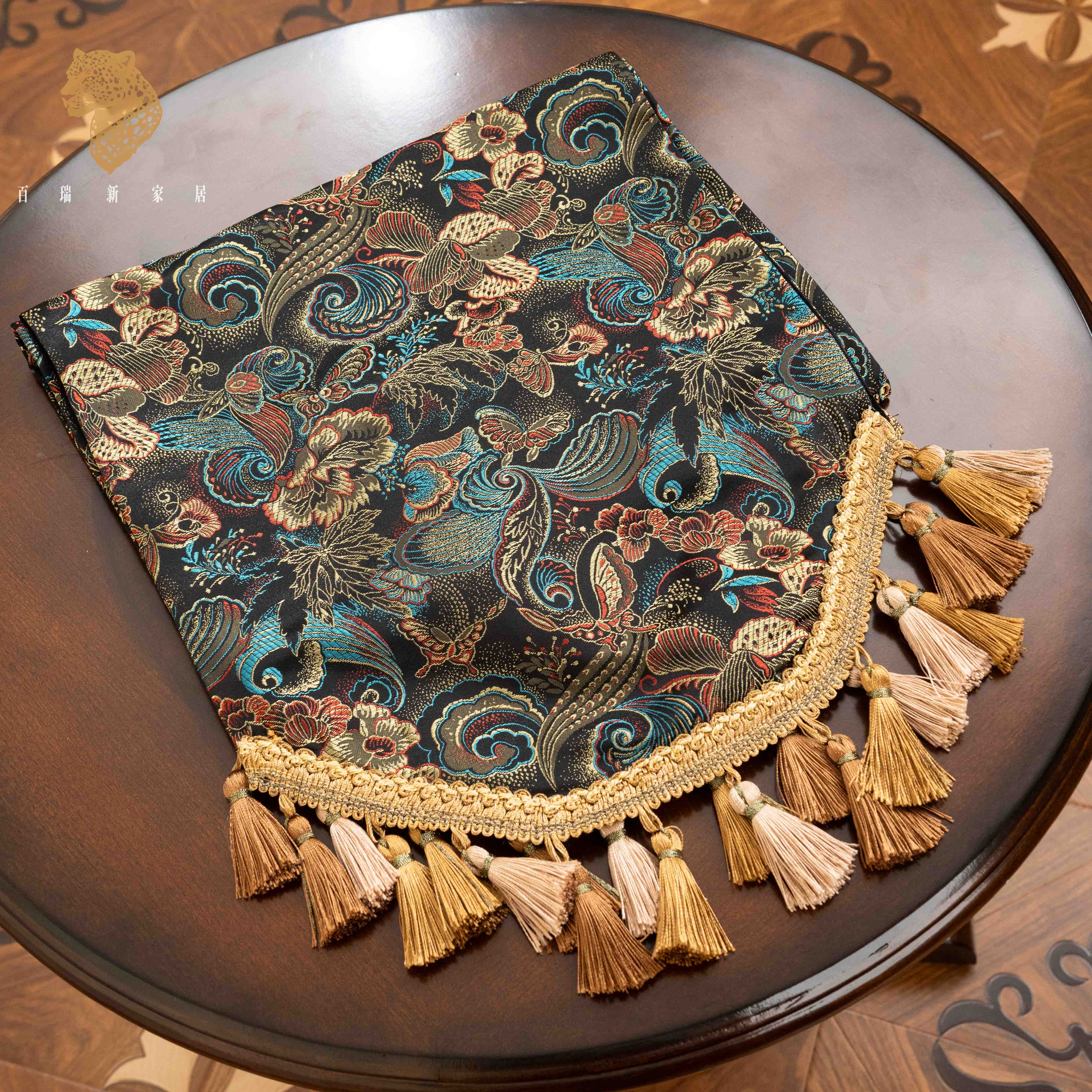 百瑞新新中式蝶恋花桌旗家用桌布织锦缎流苏加厚盖布-BRX1220