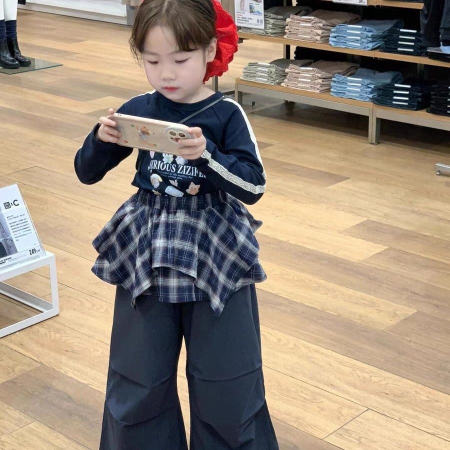 女童春款两件套2025新款韩版女宝长袖印花上衣休闲屁帘工装裤套装