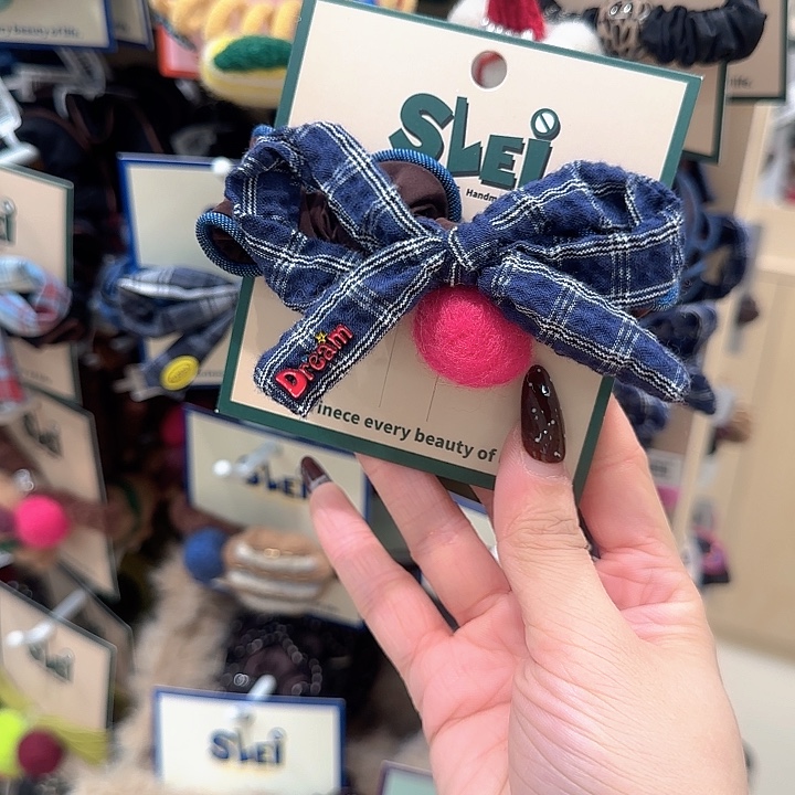 藏蓝色格子粉球蝴蝶结