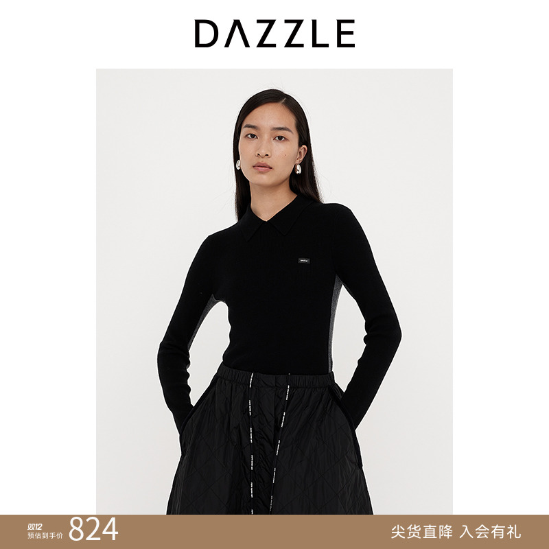 DAZZLE 地素毛针织衫2025年春季黑色针织长袖套衫2J1E401