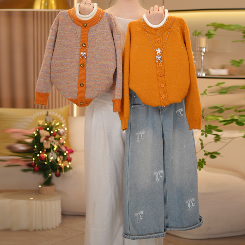 【闺蜜家】女童冬季2025新款时尚假两件毛衣+加绒牛仔裤套装-9176